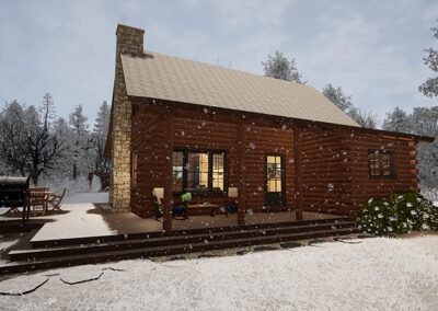 Rendering of the Cavendish Cabin exterior in snow