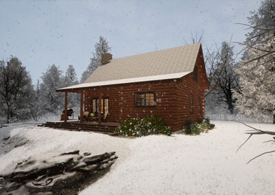 Rendering of the Cavendish Cabin exterior front in snow