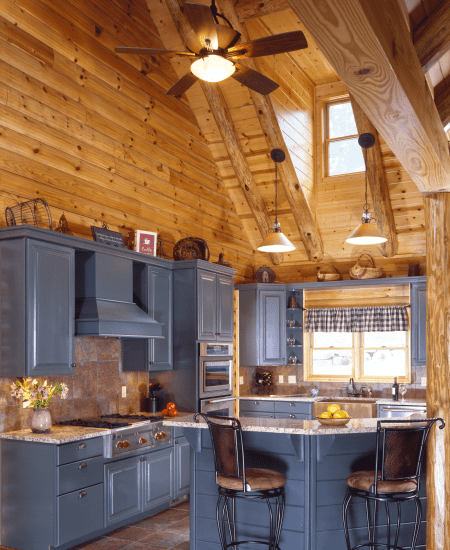 Log Cabin Kitchen With Blue Appliances - Londonderry, NH - Norfolk Kitchen  & Bath