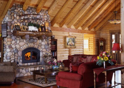 Grass Valley Ranch great room with stone fireplace
