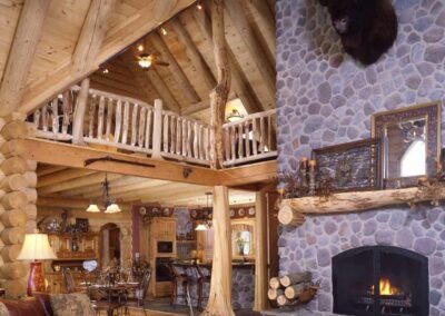 Columbia Station Log Home great hall and fireplace