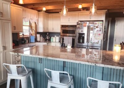 Log cabin kitchen with large island