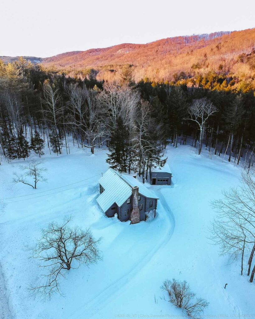 Greydon Cabin Drone View in Snow